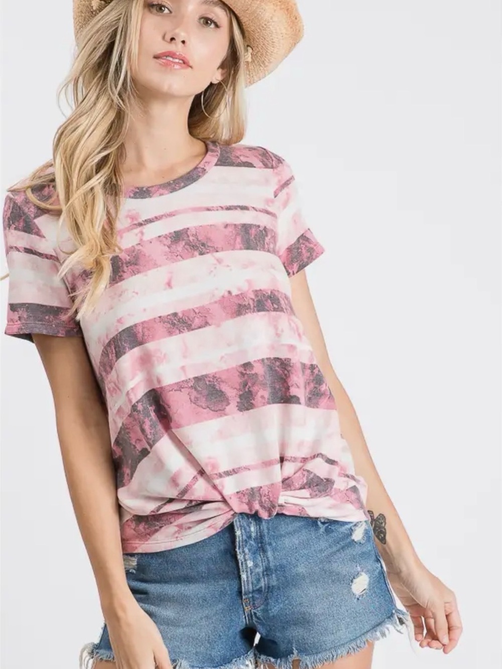 7th Ray Pink & White Striped Tie-Front Short Sleeve Tee